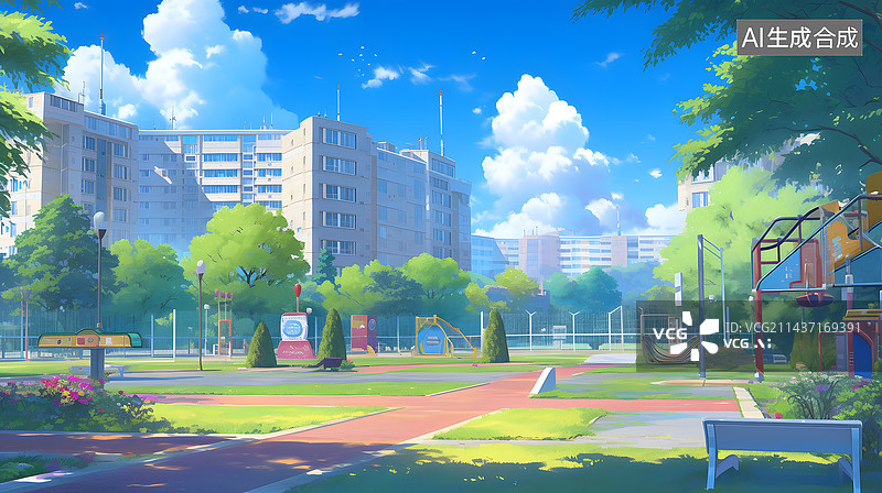 【AI数字艺术】插画校园毕业季背景清新操场教学楼场景图片素材
