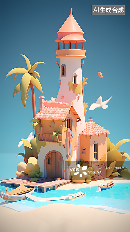 【AI数字艺术】夏日出游插画3d房车卡通可爱海边图片素材