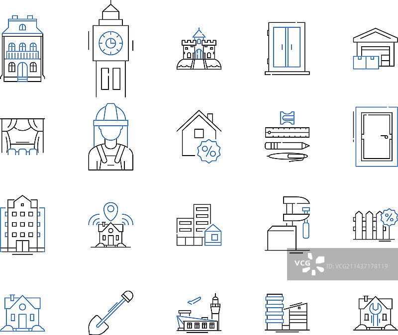 舒适型简易别墅线性图标合集图片素材