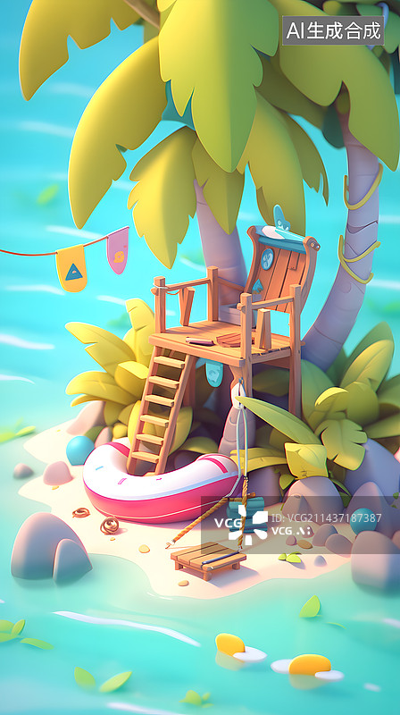 【AI数字艺术】夏日出游插画3d房车卡通可爱海边图片素材