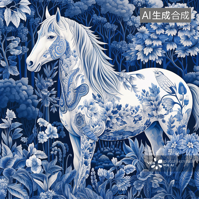 【AI数字艺术】中国风传统青花瓷动物鹿熊猫马龙虎鹤图案图片素材
