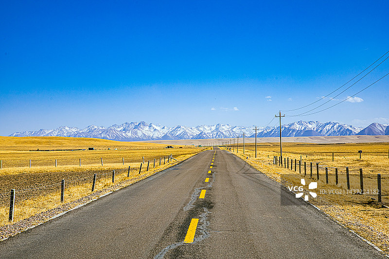 甘肃省张掖市山丹县山丹军马场-蓝天下的公路和田野图片素材