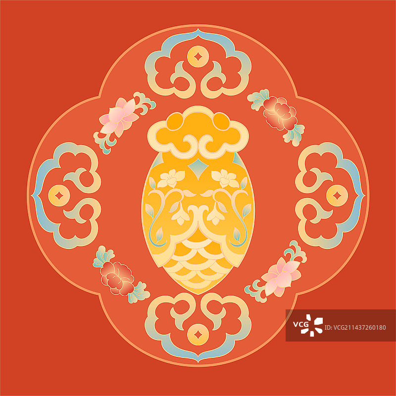 金蝉牡丹莲花铜钱中国纹样国潮插画图片素材