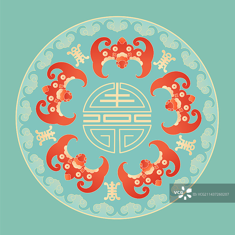 蝙蝠寿字祥云铜钱福寿双全中国纹样国潮插画图片素材