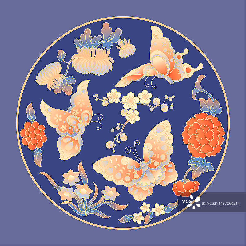 蝴蝶牡丹水仙梅花菊花中国纹样国潮插画图片素材