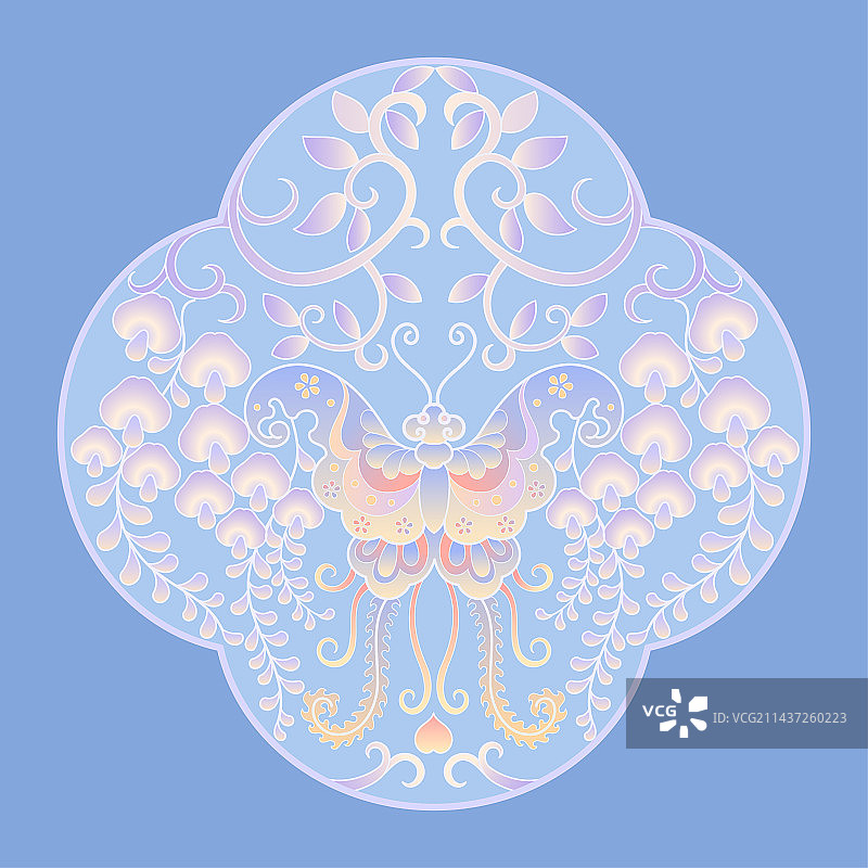 蝴蝶紫藤花粉紫色中国纹样国潮插画图片素材