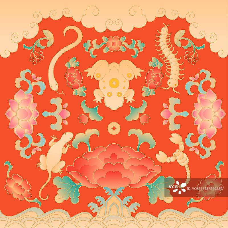 端午节五毒牡丹莲花祥云中国纹样国潮插画图片素材