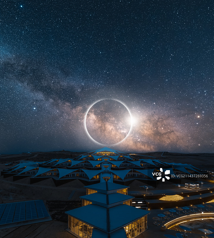 未来建筑，银河星空下的响沙湾沙漠莲花酒店图片素材