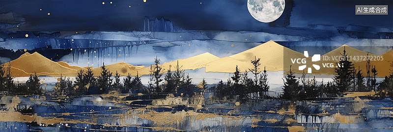 【AI数字艺术】鎏金山水画图片素材