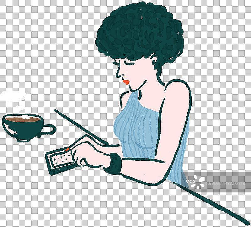 咖啡馆喝咖啡看手机的时尚女性图片素材