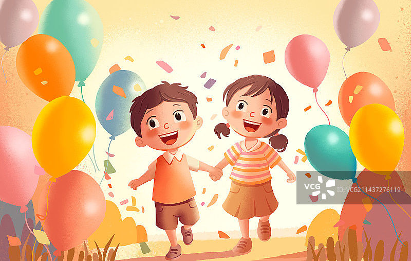 黄昏下，一男一女两名儿童手拉手一起开心的奔跑在气球中庆祝六一儿童节图片素材