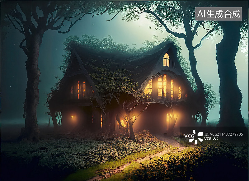 【AI数字艺术】树林中的小屋图片素材