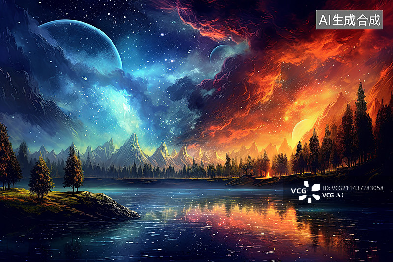 【AI数字艺术】绚丽星空山脉湖泊背景图片素材