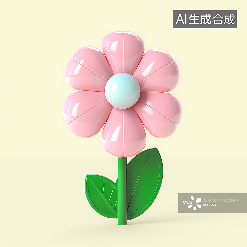 【AI数字艺术】一朵3D粉白色的可爱小花朵带叶子图片素材