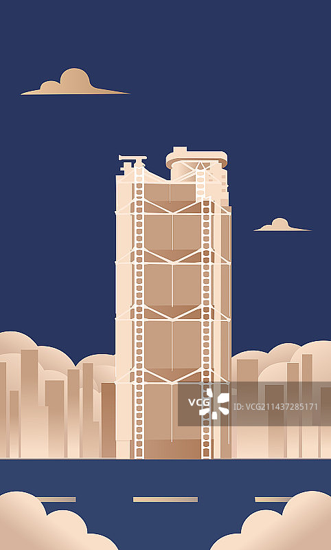 蓝金香港汇丰银行大厦矢量插画，香港庆典插画图片素材