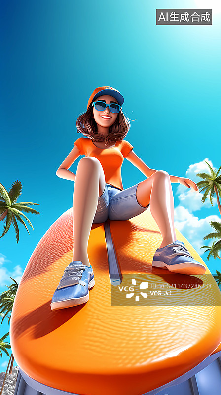 【AI数字艺术】夏日滑板/冲浪女孩-3D角色图片素材