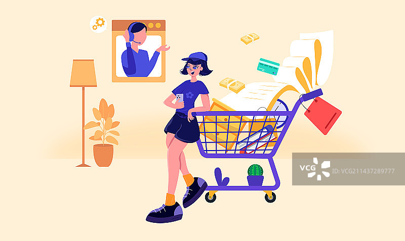 电商购物推着购物车的女人图片素材