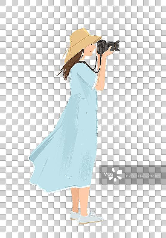 女摄影师手绘拍照站姿拿相机拍照的女孩插画图片素材