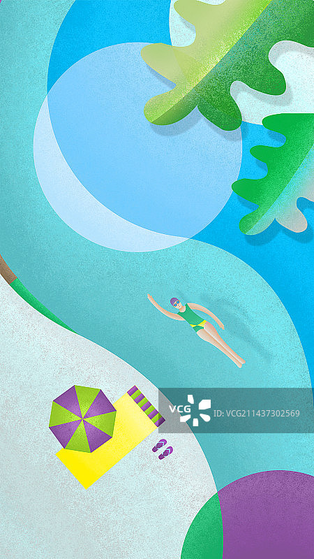 夏天在游泳池游泳的人插画壁纸图片素材