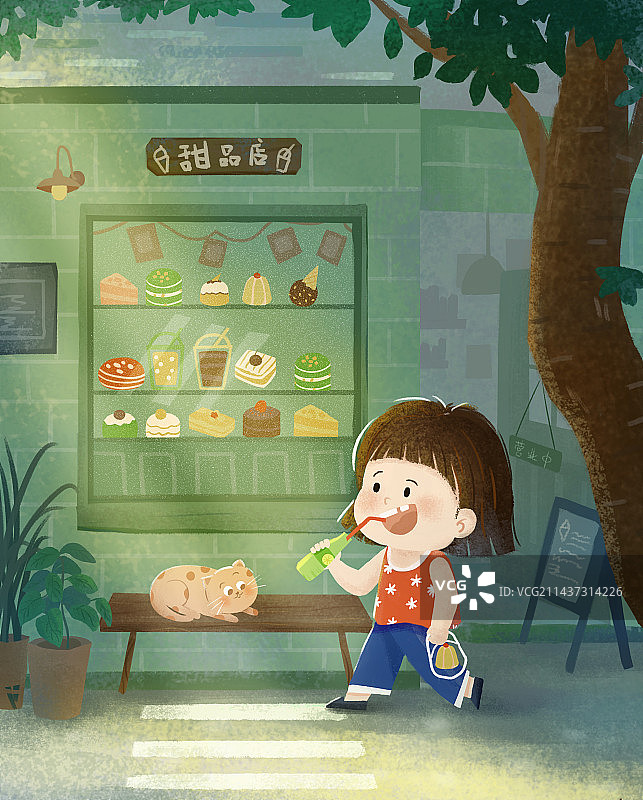 夏日大树下女孩喝汽水逛街购物图片素材