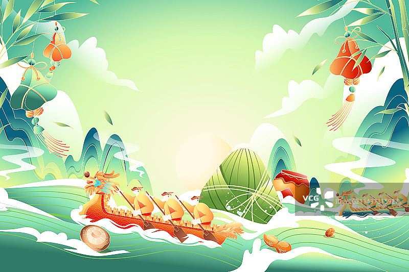 卡通端午节粽子美食餐饮食品海浪浪花赛龙舟竹叶古风电商促销旅行传统节日习俗旅游国潮风中国风矢量插画图片素材