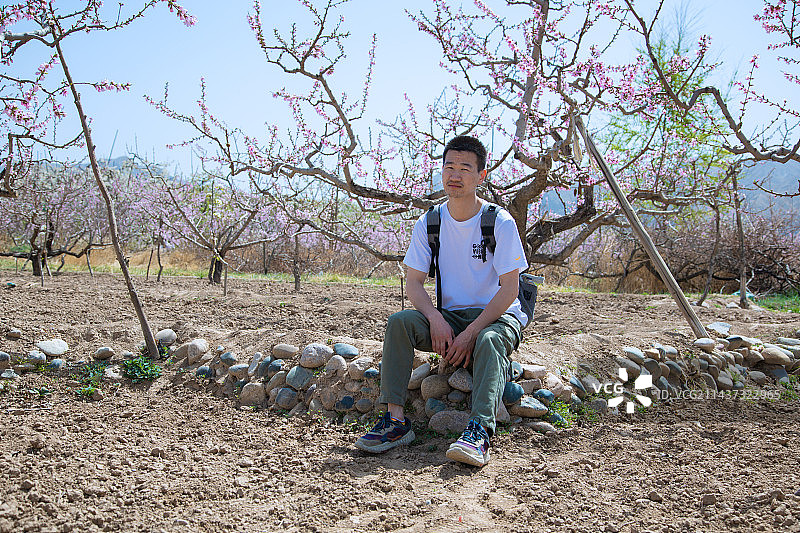 甘肃省兰州市皋兰县什川古梨园-坐在梨园的年轻人图片素材