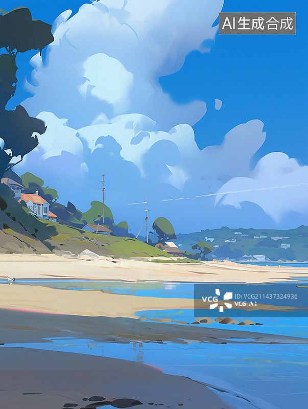 【AI数字艺术】蓝天映衬下的海滩景色背景图无人图片素材