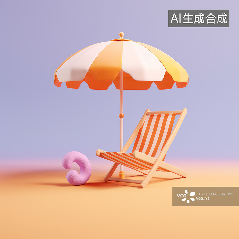 【AI数字艺术】夏季蓝色背景。沙滩椅，太阳伞，3d插图。图片素材