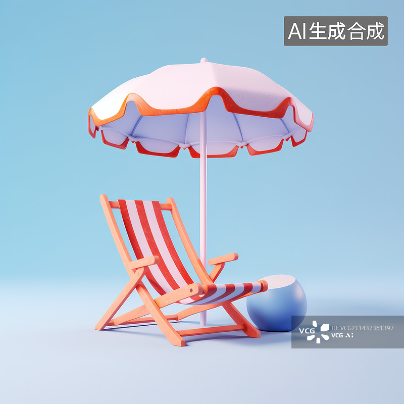 【AI数字艺术】夏季蓝色背景。沙滩椅，太阳伞，3d插图。图片素材