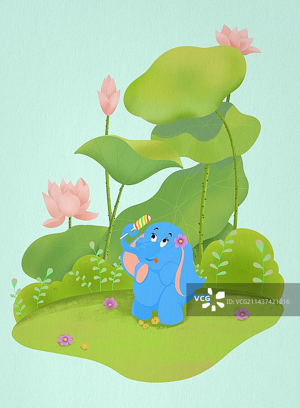 夏日里荷花池前想吃冰棍的蓝色小象图片素材