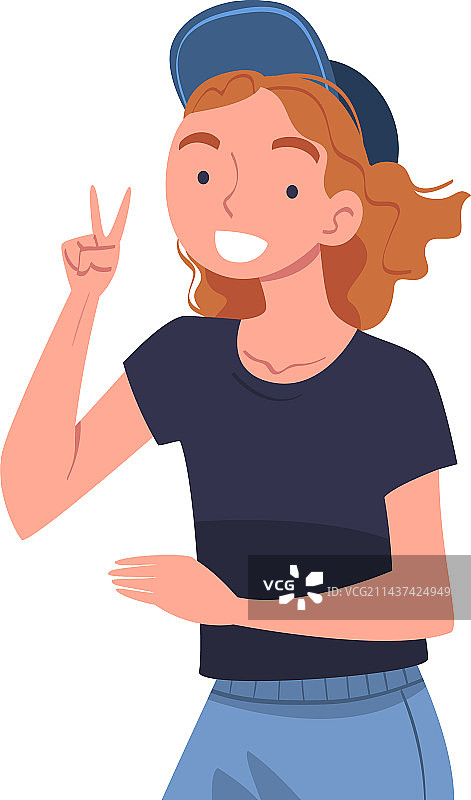 戴棒球帽的快乐女孩站立微笑图片素材