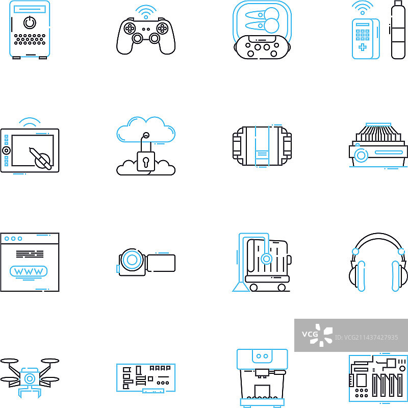 数字化电子工作场所线性图标集图片素材