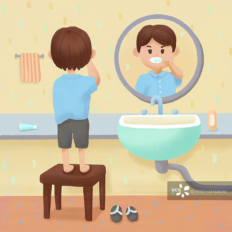 男孩刷牙儿童插画绘本故事生活场景作息时间图片素材