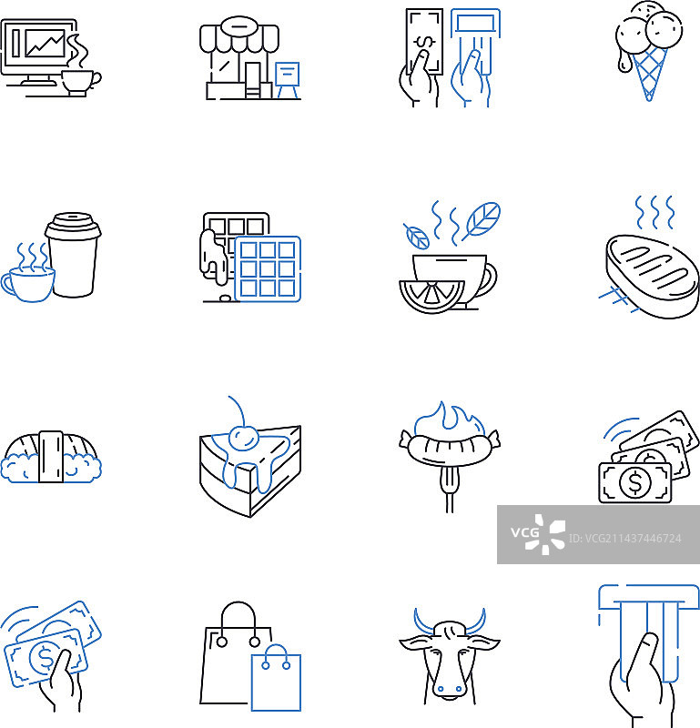 酒吧小吃线性图标合集：汉堡和薯条图片素材