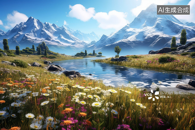 【AI数字艺术】雪山湖泊河流与野花花海自然风光图片素材
