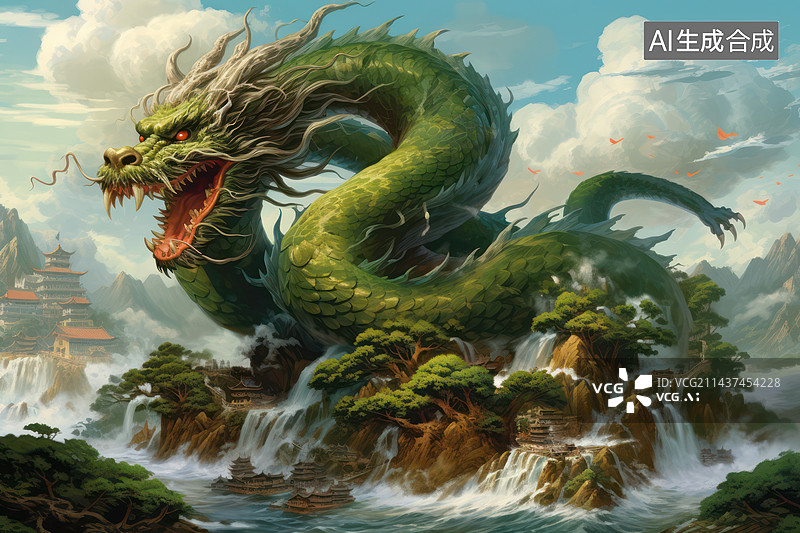 【AI数字艺术】神兽中国龙山水节日插画图片素材