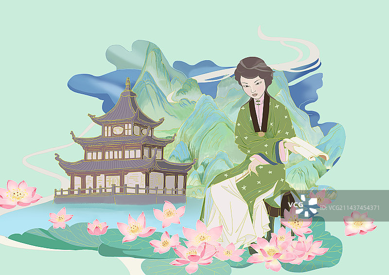 国风侍女荷花亭台青绿山水扁平国潮风插图图片素材