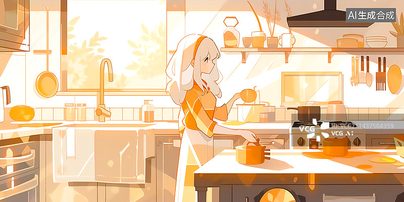 【AI数字艺术】可爱的女孩在厨房做饭，扁平风格卡通插画图片素材