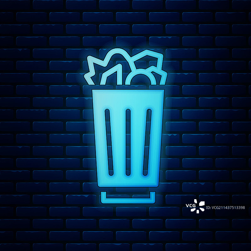 砖墙背景上的发光霓虹满垃圾桶图标图片素材