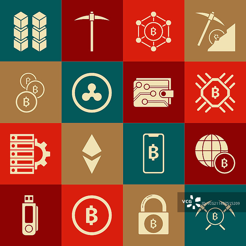 交叉的镐、地球仪和加密货币硬币套装图片素材