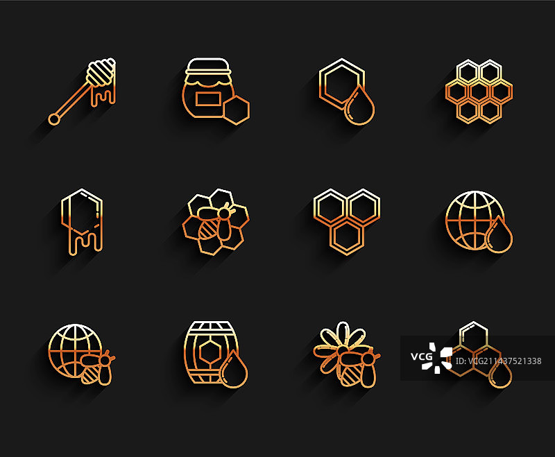 蜂窝世界地图和蜜蜂线条元素图片素材