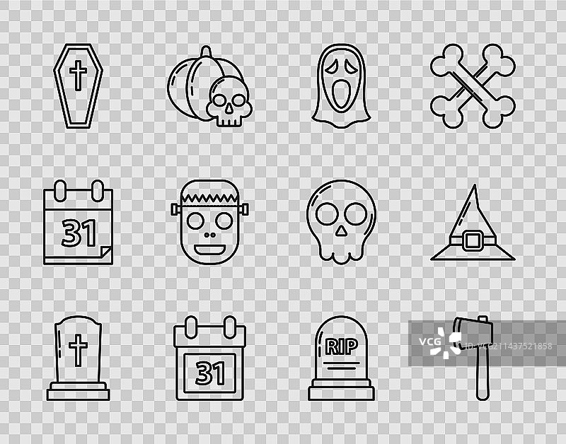 带十字架墓碑和木斧线条图案图片素材