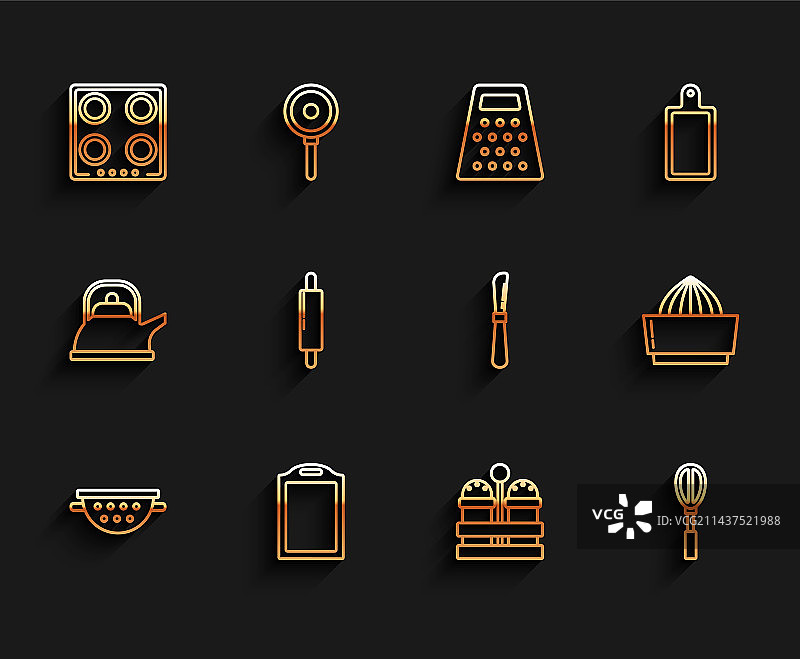 厨房线条图标：滤锅砧板燃气灶图片素材