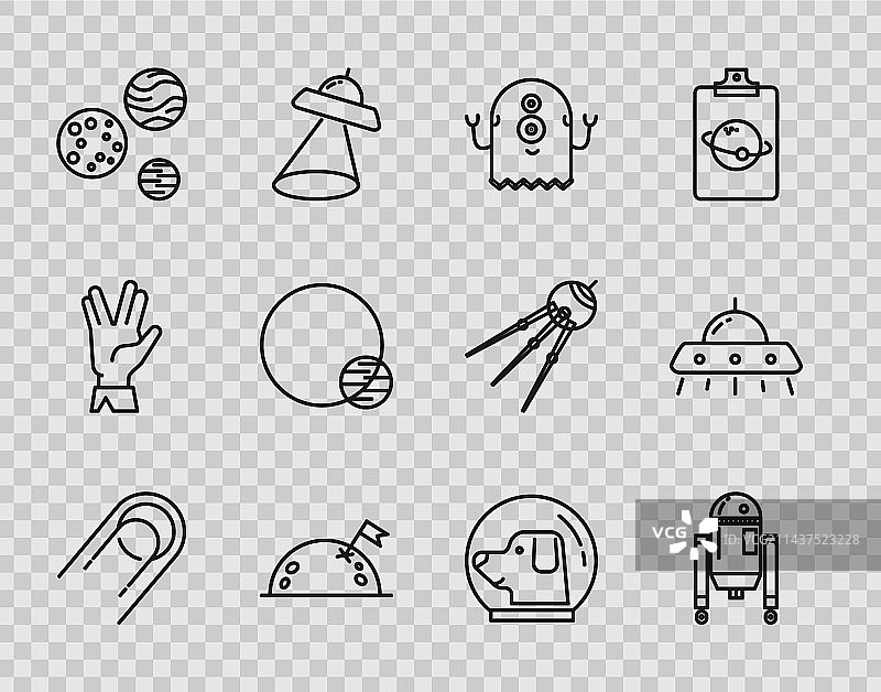 带有旗帜的卫星机器人外星球场景线条设置图片素材