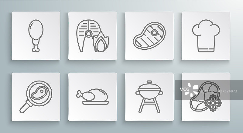 一组牛排、煎锅烤鱼线条图标图片素材