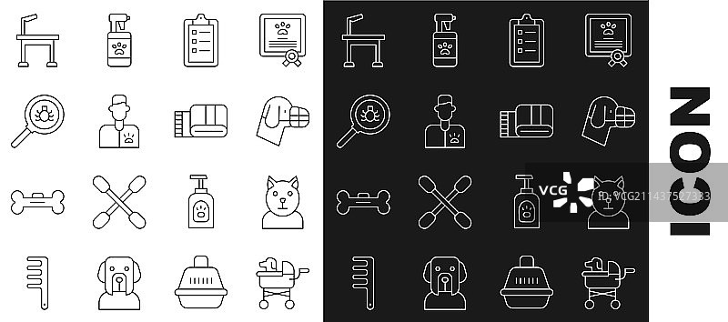 宠物用品套装：宠物推车、猫、带嘴套的狗图片素材