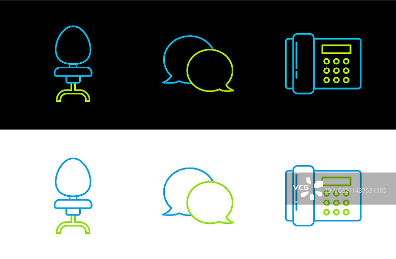 电话、办公椅和气泡对话框线条图标图片素材
