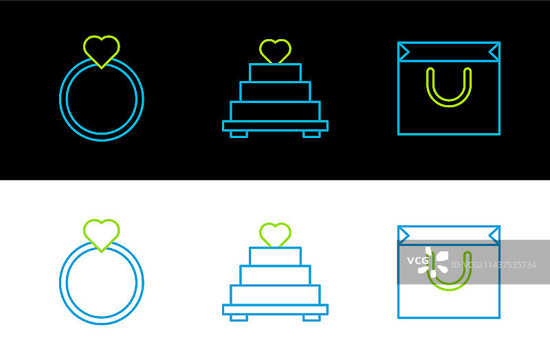 线条购物袋结婚戒指和蛋糕图片素材