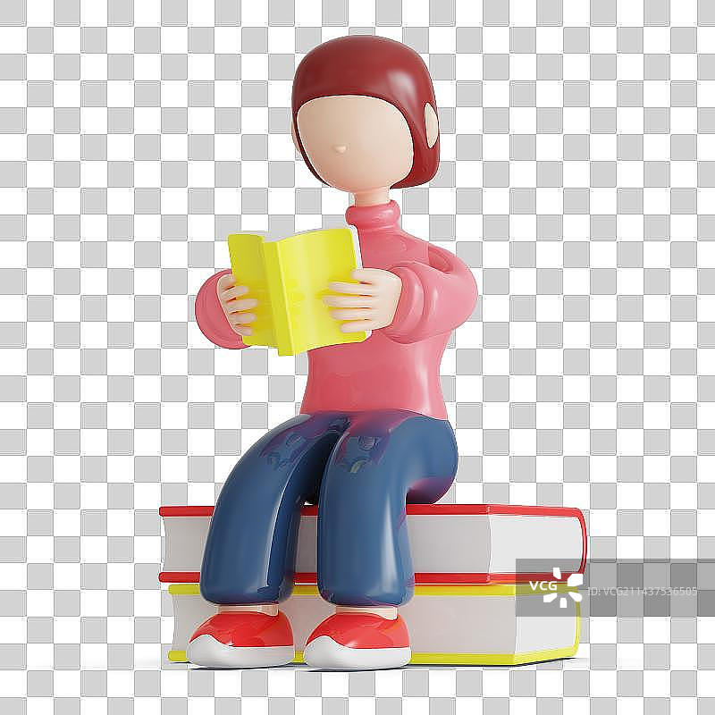 女生坐在书本上阅读三维插画图片素材