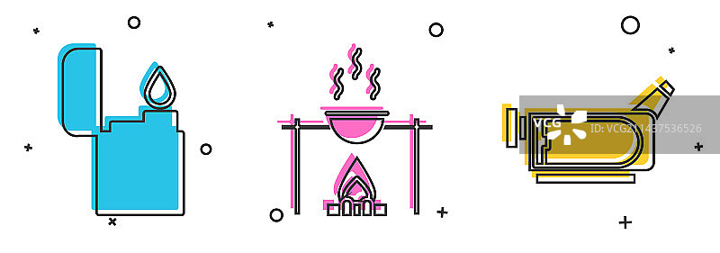 打火机、篝火、锅和电影摄影机组合图片素材